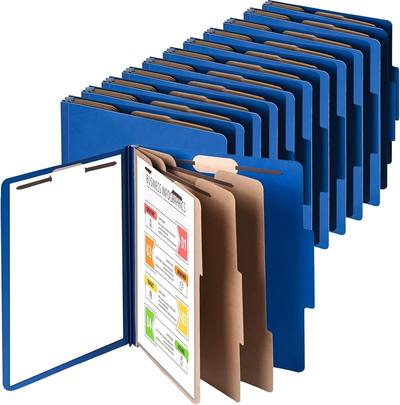 Cesil Pressboard Classification File Folders, 12pcs 3 Dividers Blue File Folders Letter Size with 2 Prongs Fastener, Heavy Duty Office File Organizer for Teacher School Medical Employee File Folers - Image 1